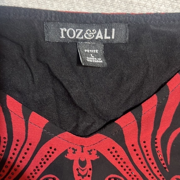 **$8 FINAL SALE** Roz & Ali Red Black Rhinestone 3/4 Sleeve Blouse Petite Large - Picture 4 of 6